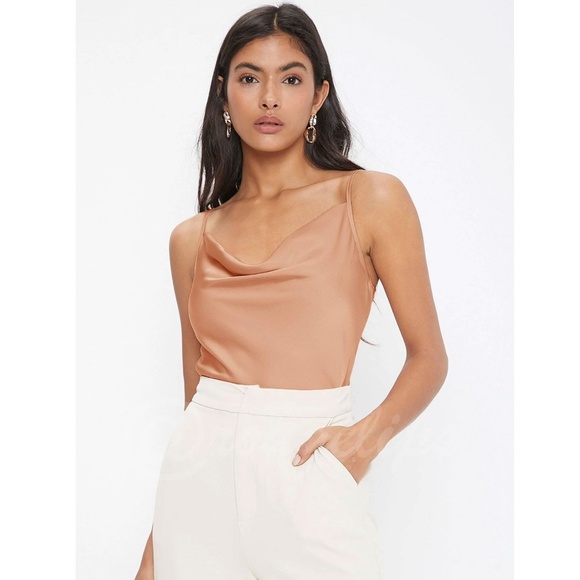 Peach Coral Orange Glamorous Cowl Neck Spaghetti Straps Camisole Top Cami, Drape - Picture 3 of 9